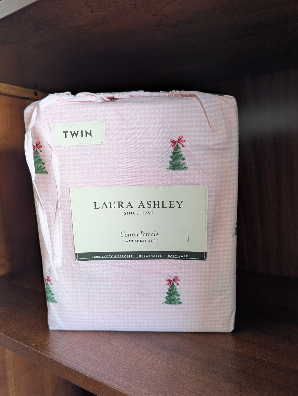 Laura Ashley Preppy Pink Gingham Christmas Tree Twin Sheet Set NEW Cottagecore